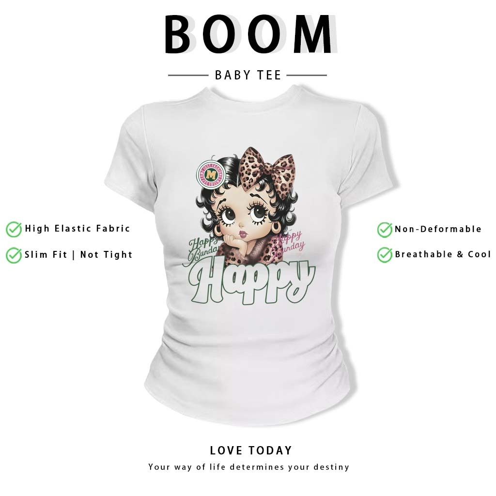 BOOM Áo Baby Tee Nữ Cotton Ôm Body-Áo Thun Ngắn Tay Y2K In Hình PhongCách Mùa Hè, Cổ Tròn Hàng Đầucách hàn quốc phong#94