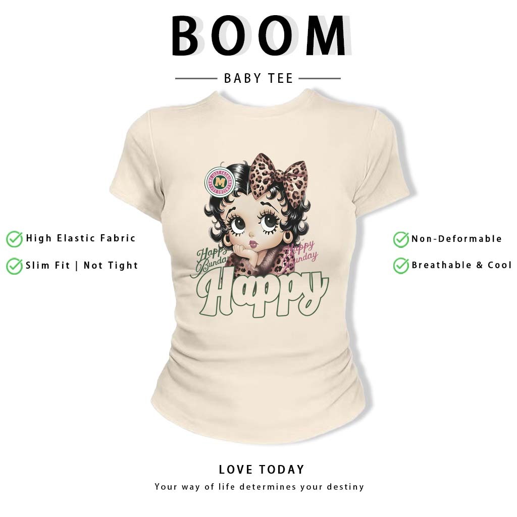 BOOM Áo Baby Tee Nữ Cotton Ôm Body-Áo Thun Ngắn Tay Y2K In Hình PhongCách Mùa Hè, Cổ Tròn Hàng Đầucách hàn quốc phong#94