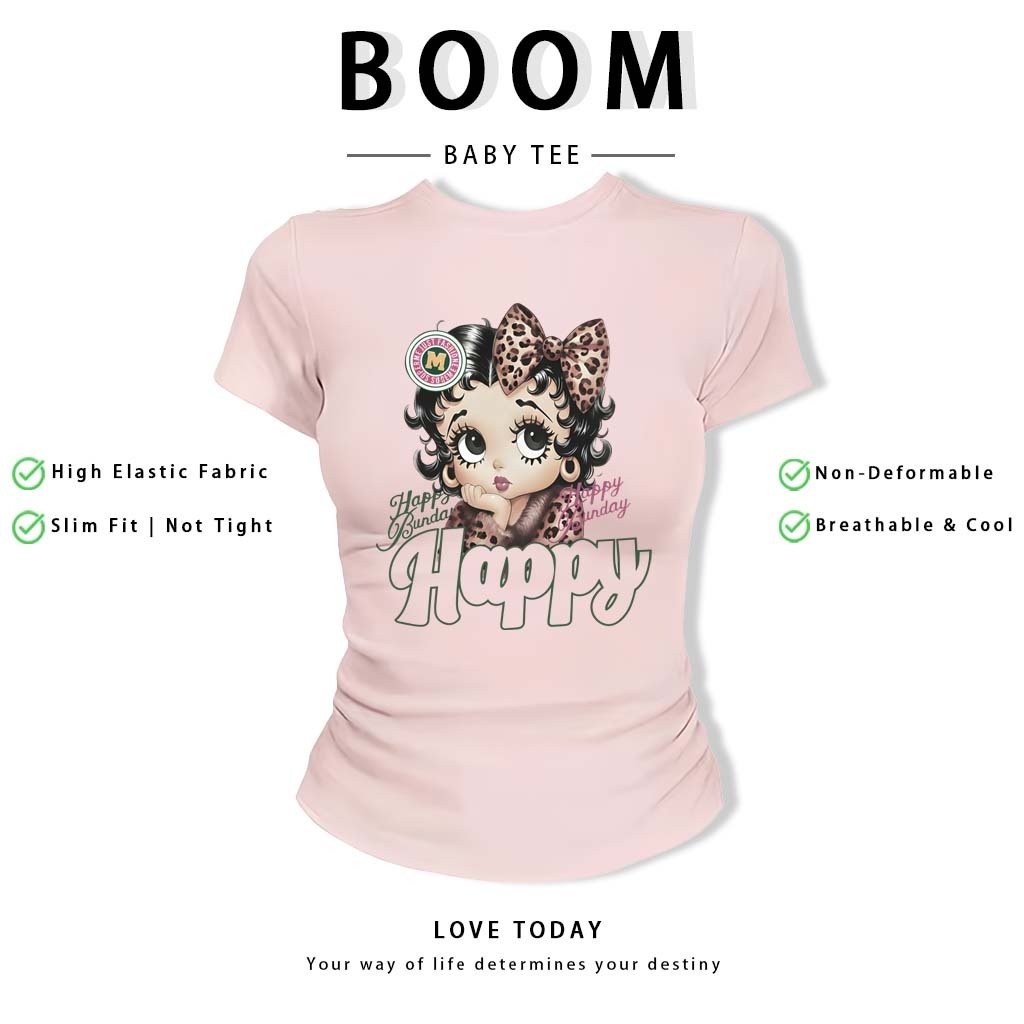 BOOM Áo Baby Tee Nữ Cotton Ôm Body-Áo Thun Ngắn Tay Y2K In Hình PhongCách Mùa Hè, Cổ Tròn Hàng Đầucách hàn quốc phong#94