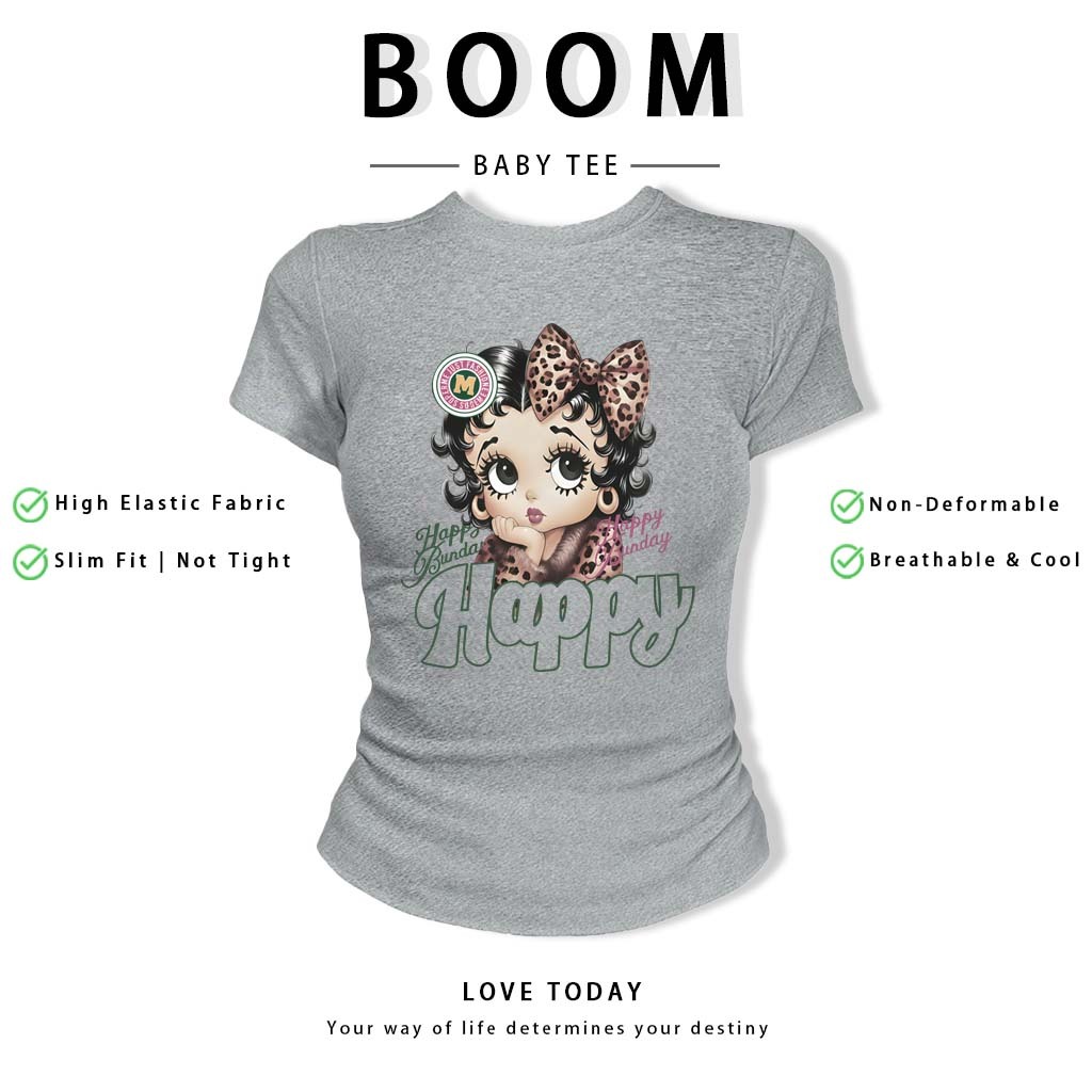 BOOM Áo Baby Tee Nữ Cotton Ôm Body-Áo Thun Ngắn Tay Y2K In Hình PhongCách Mùa Hè, Cổ Tròn Hàng Đầucách hàn quốc phong#94