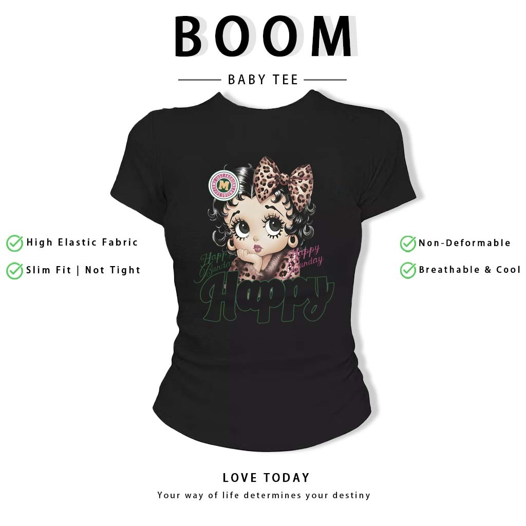 BOOM Áo Baby Tee Nữ Cotton Ôm Body-Áo Thun Ngắn Tay Y2K In Hình PhongCách Mùa Hè, Cổ Tròn Hàng Đầucách hàn quốc phong#94