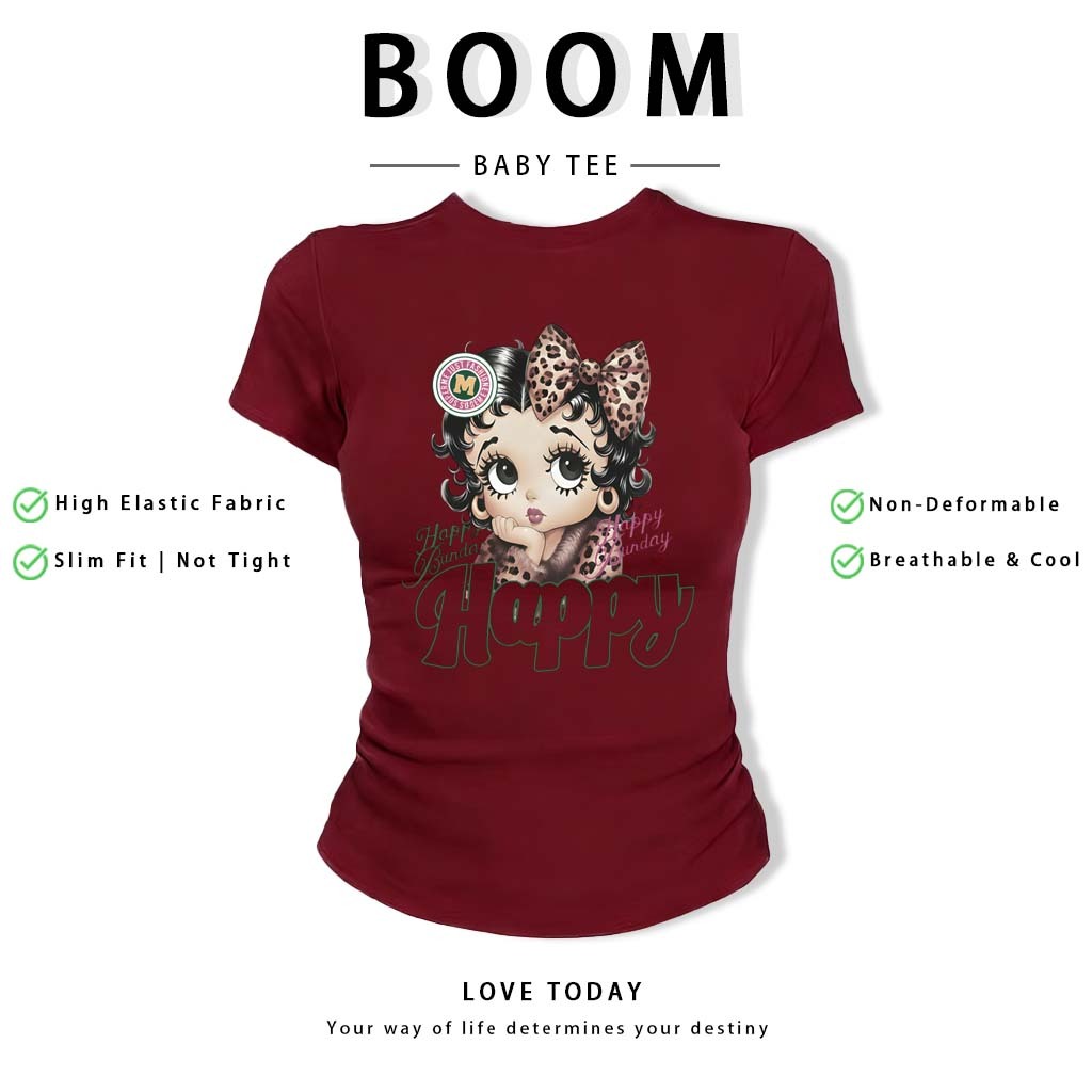 BOOM Áo Baby Tee Nữ Cotton Ôm Body-Áo Thun Ngắn Tay Y2K In Hình PhongCách Mùa Hè, Cổ Tròn Hàng Đầucách hàn quốc phong#94