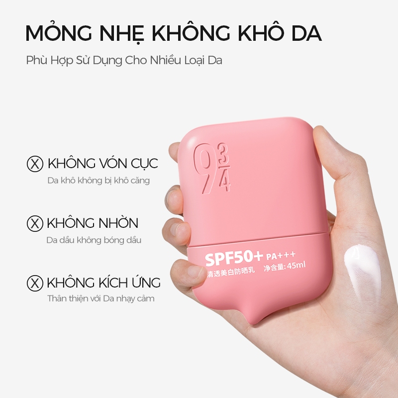 Kem Chống Nắng 934 Có Dưỡng Trắng Mỏng Nhẹ Phù Hợp Mọi Loại Da SPF50+ PA+++ 45ml