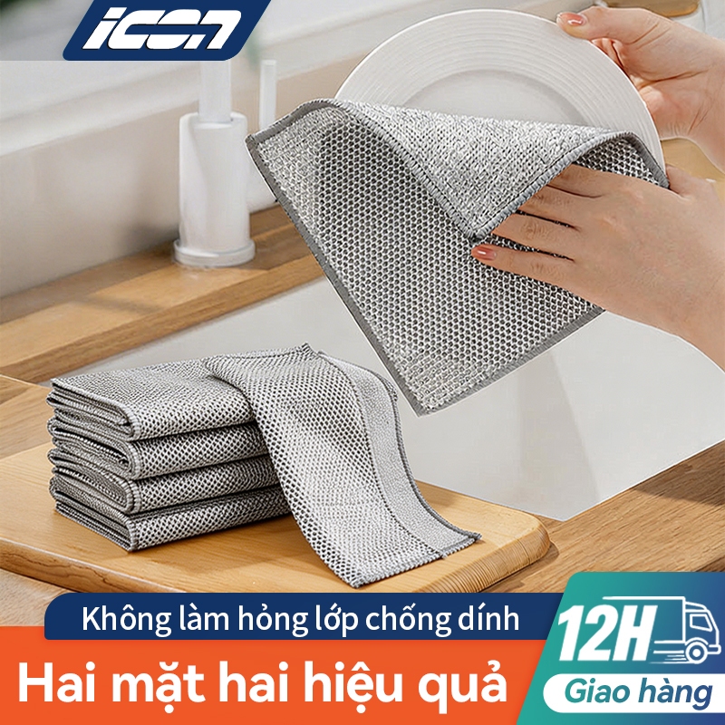 Khăn lau bếp ICON hai mặt sợi bạc – Lau dầu mỡ hiệu quả cao, khăn lau đa năng, chống trầy, thấm hút tốt