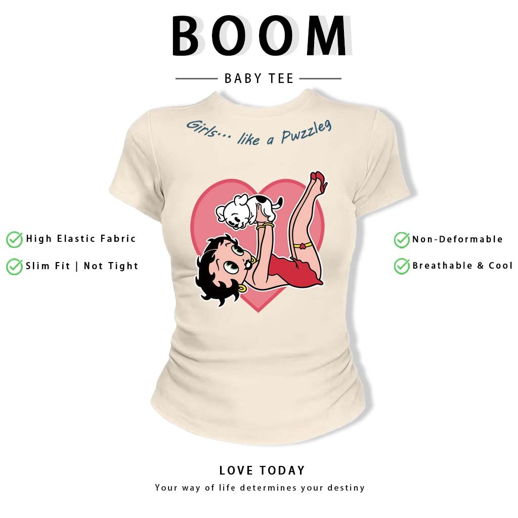 BOOM Áo Baby Tee Nữ Cotton Ôm Body-Áo Thun Ngắn Tay Y2K In Hình PhongCách Mùa Hè, Cổ Tròn Hàng Đầucách hàn quốc phong#94