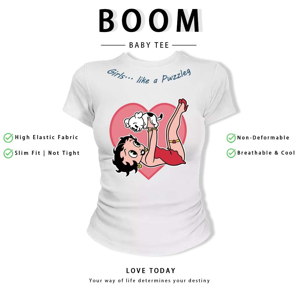BOOM Áo Baby Tee Nữ Cotton Ôm Body-Áo Thun Ngắn Tay Y2K In Hình PhongCách Mùa Hè, Cổ Tròn Hàng Đầucách hàn quốc phong#94