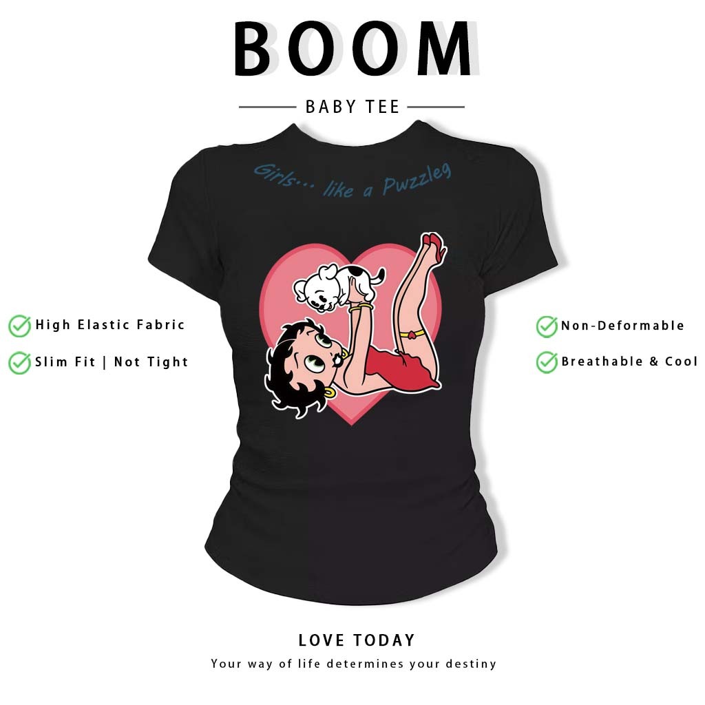 BOOM Áo Baby Tee Nữ Cotton Ôm Body-Áo Thun Ngắn Tay Y2K In Hình PhongCách Mùa Hè, Cổ Tròn Hàng Đầucách hàn quốc phong#94