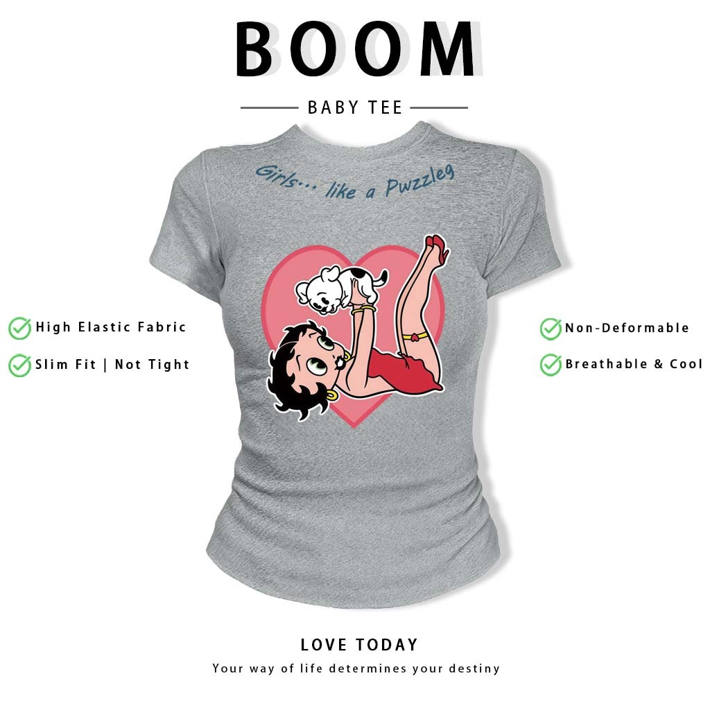 BOOM Áo Baby Tee Nữ Cotton Ôm Body-Áo Thun Ngắn Tay Y2K In Hình PhongCách Mùa Hè, Cổ Tròn Hàng Đầucách hàn quốc phong#94