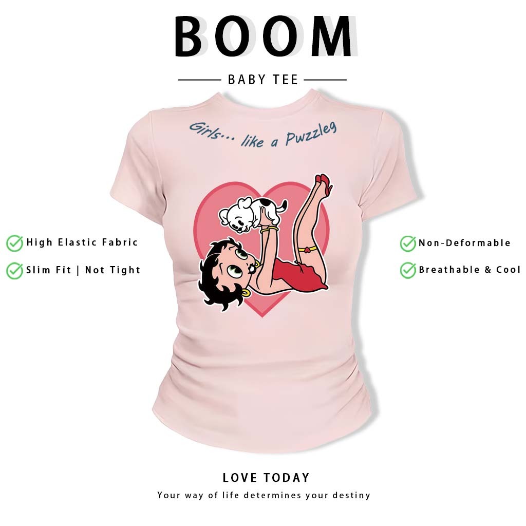 BOOM Áo Baby Tee Nữ Cotton Ôm Body-Áo Thun Ngắn Tay Y2K In Hình PhongCách Mùa Hè, Cổ Tròn Hàng Đầucách hàn quốc phong#94