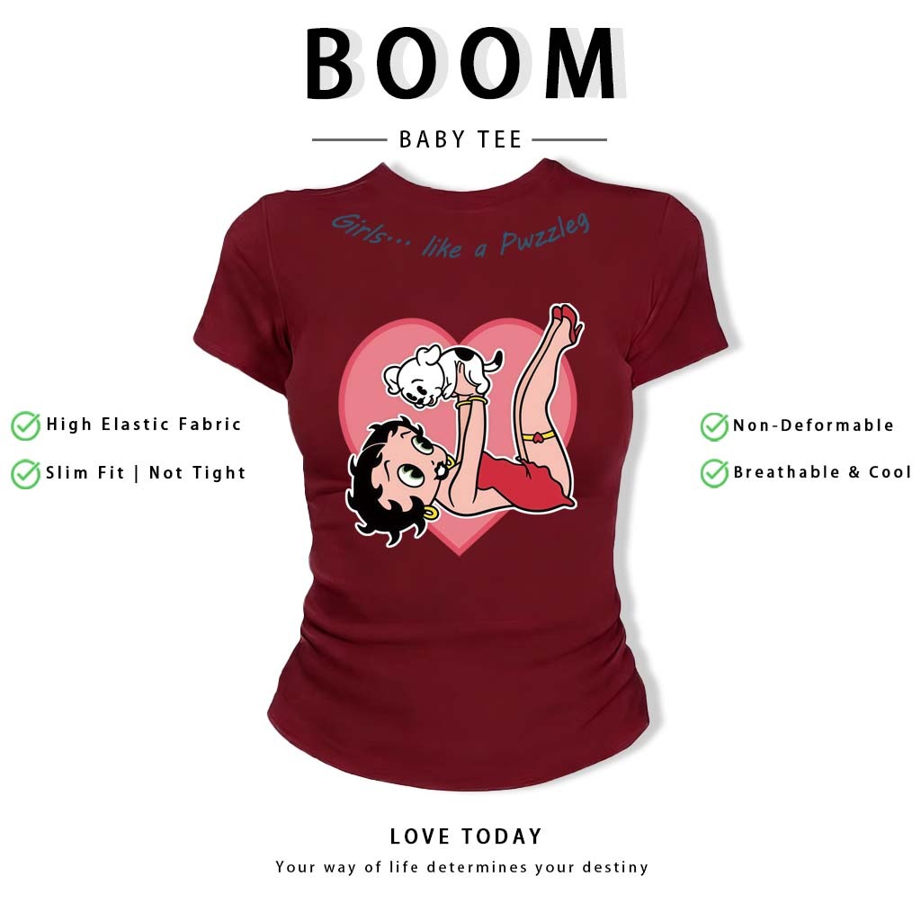 BOOM Áo Baby Tee Nữ Cotton Ôm Body-Áo Thun Ngắn Tay Y2K In Hình PhongCách Mùa Hè, Cổ Tròn Hàng Đầucách hàn quốc phong#94