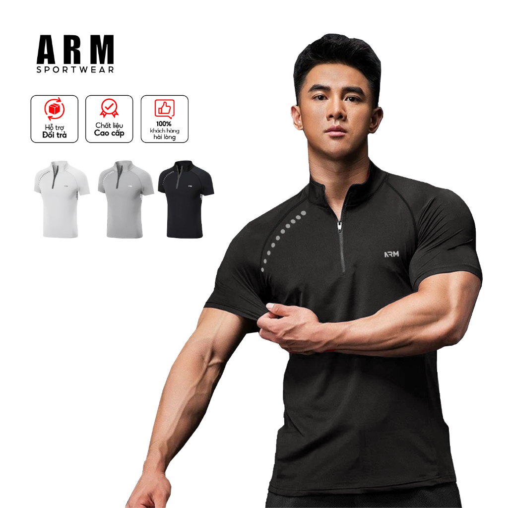 Áo Thun Tập Gym Nam Ngắn Tay ARM Pro Active, Áo nam thể thao cổ trụ kéo khóa, thoáng khí co giãn 4 chiều