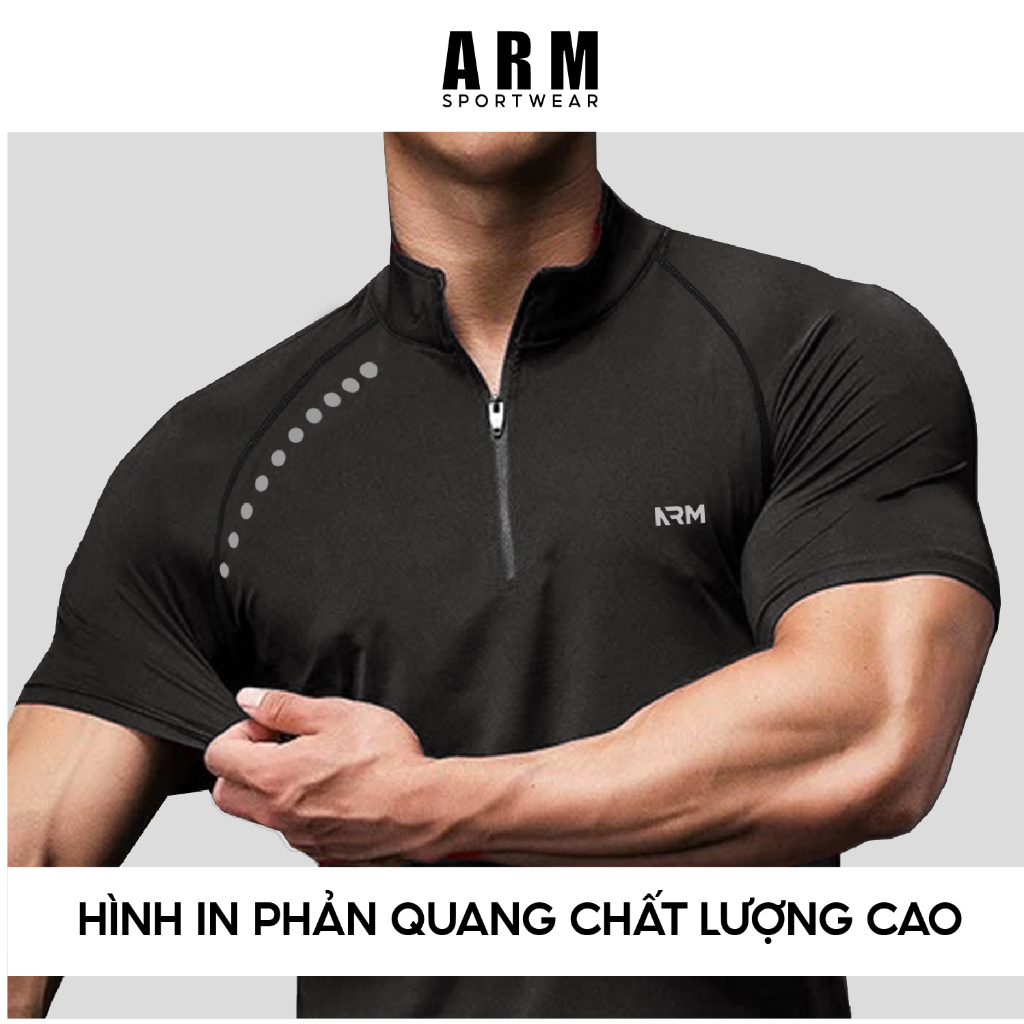 Áo Thun Tập Gym Nam Ngắn Tay ARM Pro Active, Áo nam thể thao cổ trụ kéo khóa, thoáng khí co giãn 4 chiều