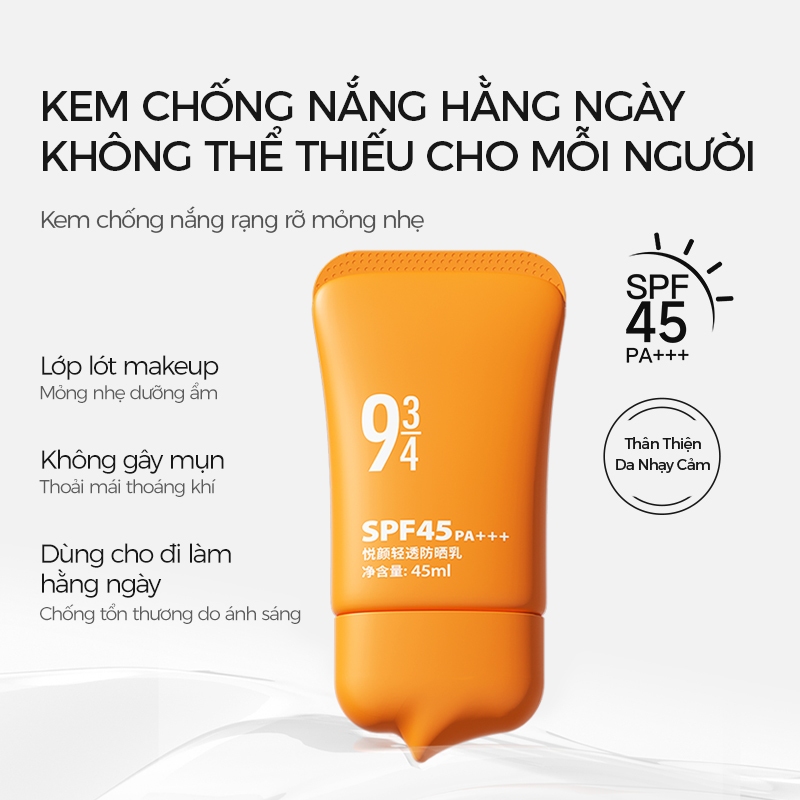 Kem Chống Nắng 934 Mỏng Nhẹ Kiêm Lớp Lót Makeup Phù Hợp Cho Da Khô Da Nhạy Cảm SPF45 PA+++ 45ml