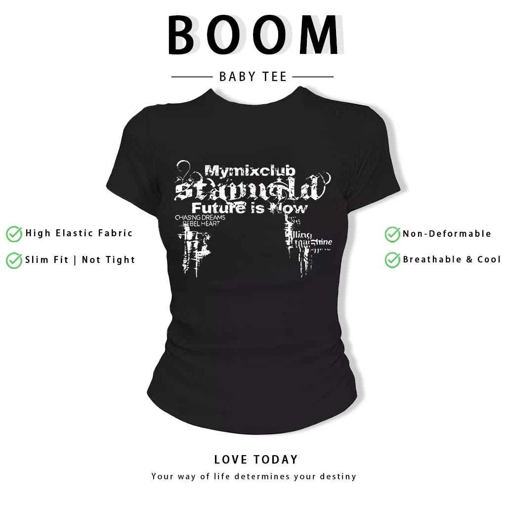 BOOM Áo Baby Tee Nữ Cotton Ôm Body-Áo Thun Ngắn Tay Y2K In Hình PhongCách Mùa Hè, Cổ Tròn Hàng Đầucách hàn quốc phong#97
