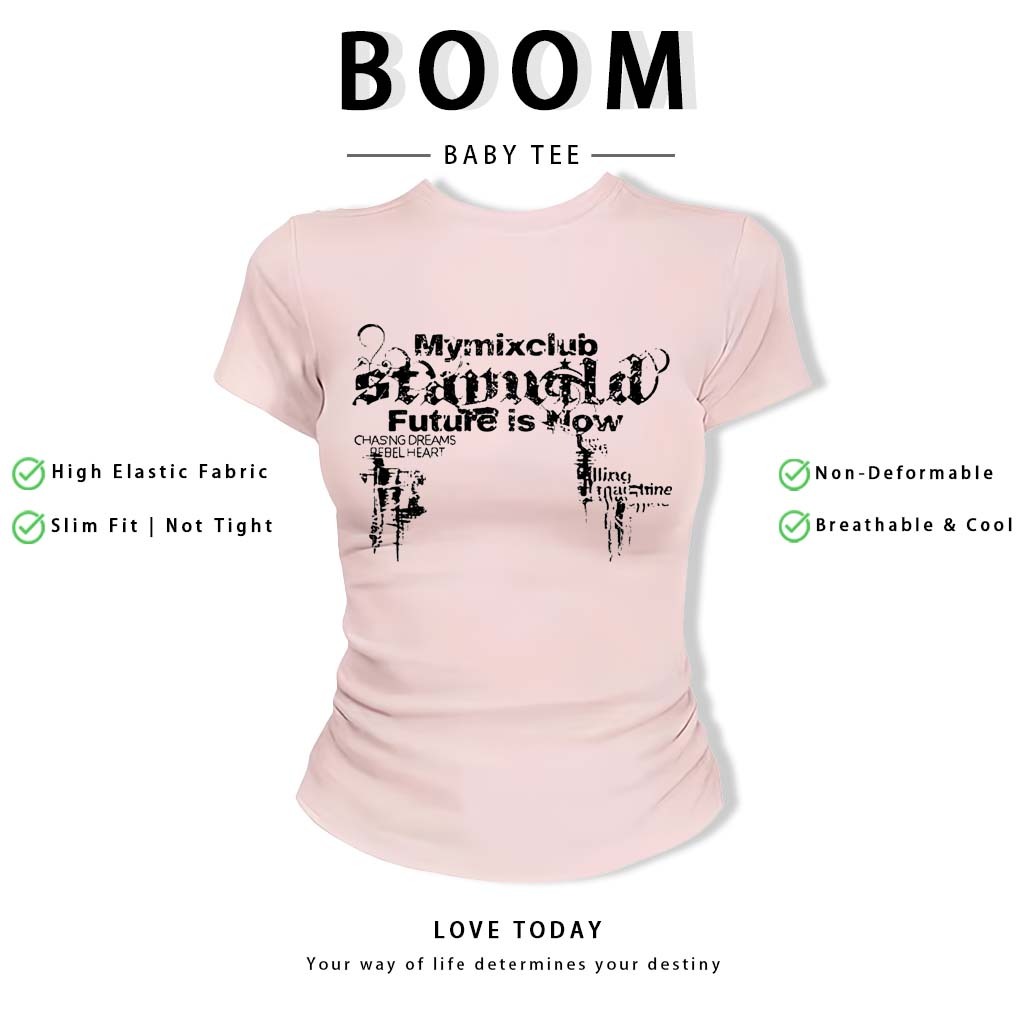 BOOM Áo Baby Tee Nữ Cotton Ôm Body-Áo Thun Ngắn Tay Y2K In Hình PhongCách Mùa Hè, Cổ Tròn Hàng Đầucách hàn quốc phong#97