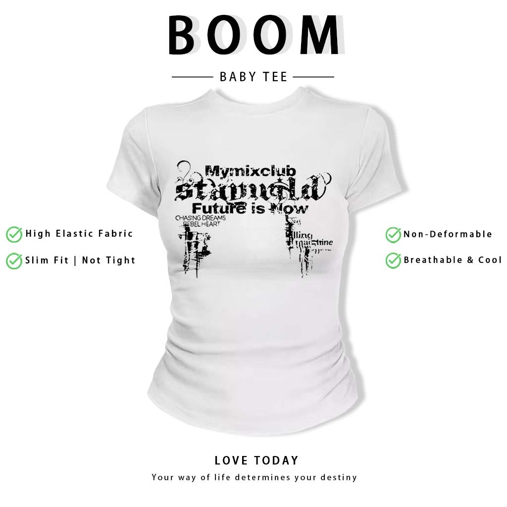 BOOM Áo Baby Tee Nữ Cotton Ôm Body-Áo Thun Ngắn Tay Y2K In Hình PhongCách Mùa Hè, Cổ Tròn Hàng Đầucách hàn quốc phong#97
