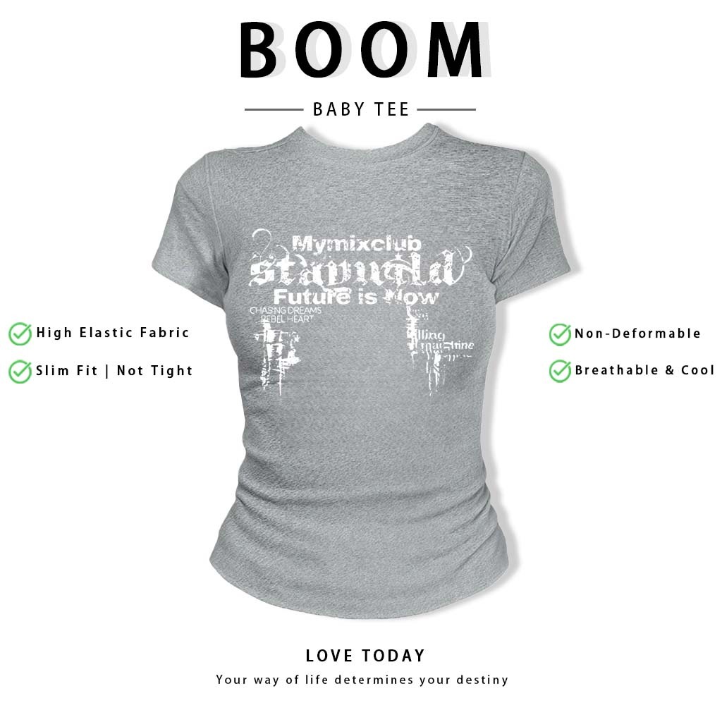 BOOM Áo Baby Tee Nữ Cotton Ôm Body-Áo Thun Ngắn Tay Y2K In Hình PhongCách Mùa Hè, Cổ Tròn Hàng Đầucách hàn quốc phong#97