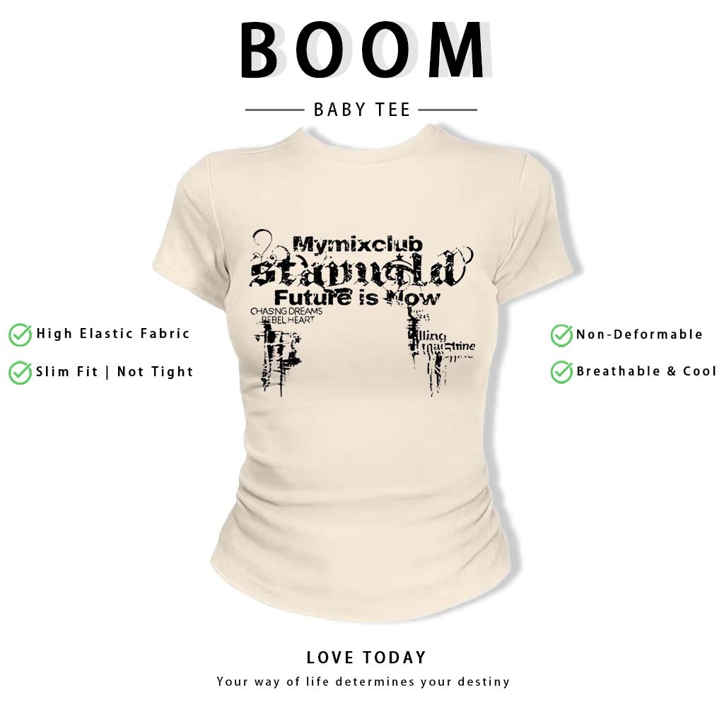 BOOM Áo Baby Tee Nữ Cotton Ôm Body-Áo Thun Ngắn Tay Y2K In Hình PhongCách Mùa Hè, Cổ Tròn Hàng Đầucách hàn quốc phong#97