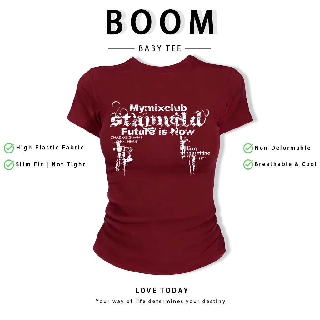 BOOM Áo Baby Tee Nữ Cotton Ôm Body-Áo Thun Ngắn Tay Y2K In Hình PhongCách Mùa Hè, Cổ Tròn Hàng Đầucách hàn quốc phong#97