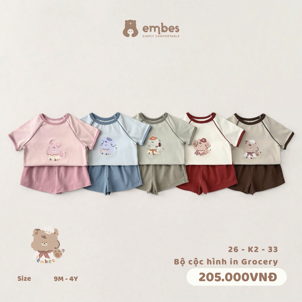 Bộ Cộc Cho Bé Embes, Bộ Cộc Tay In Họa Tiết Phối Màu Quần Chất Cotton Mềm Mại Cho Bé Size Từ 8-18Kg