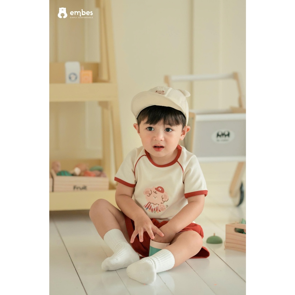 Bộ Cộc Cho Bé Embes, Bộ Cộc Tay In Họa Tiết Phối Màu Quần Chất Cotton Mềm Mại Cho Bé Size Từ 8-18Kg