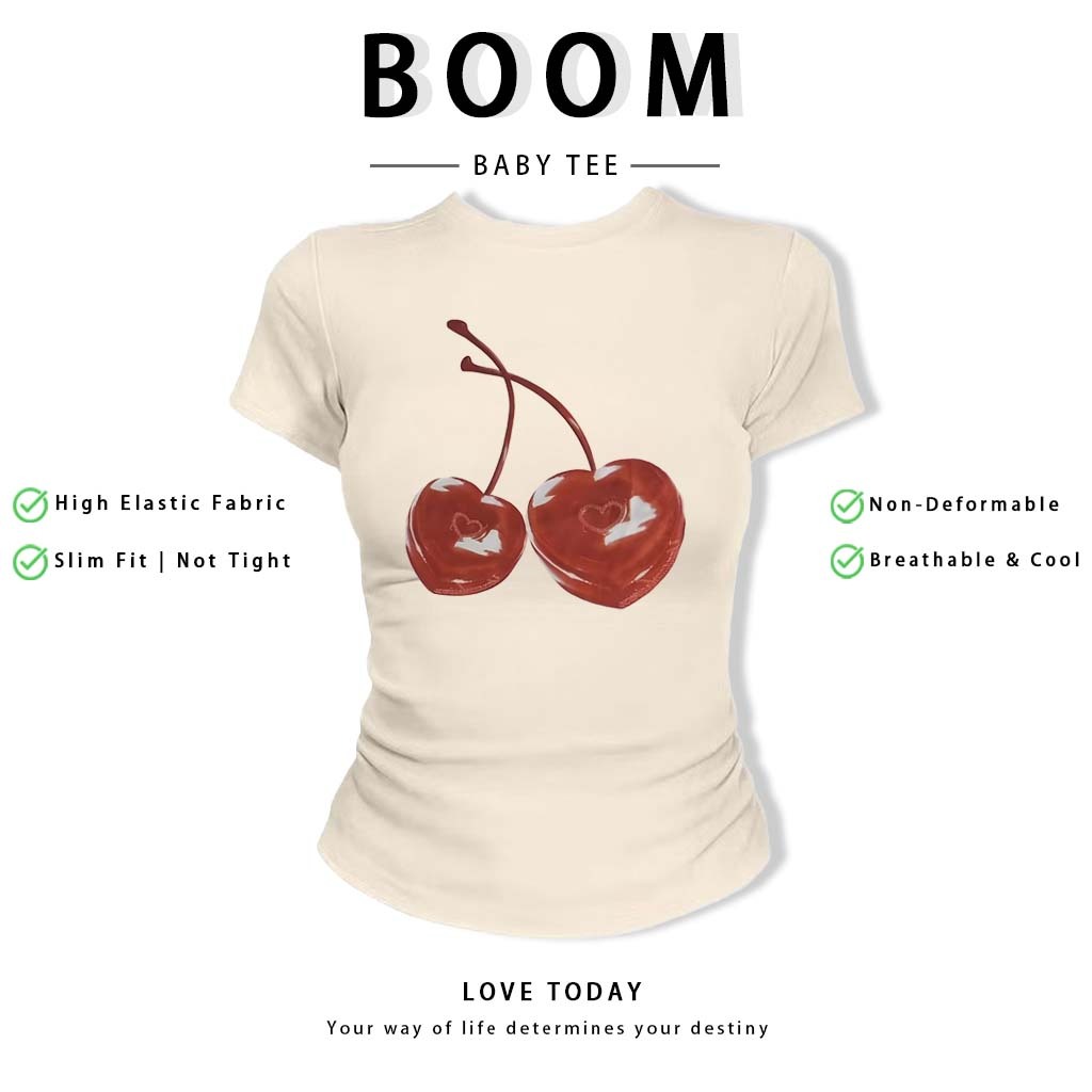 BOOM Áo Baby Tee Nữ Cotton Ôm Body-Áo Thun Ngắn Tay Y2K In Hình PhongCách Mùa Hè, Cổ Tròn Hàng Đầucách hàn quốc phong#99
