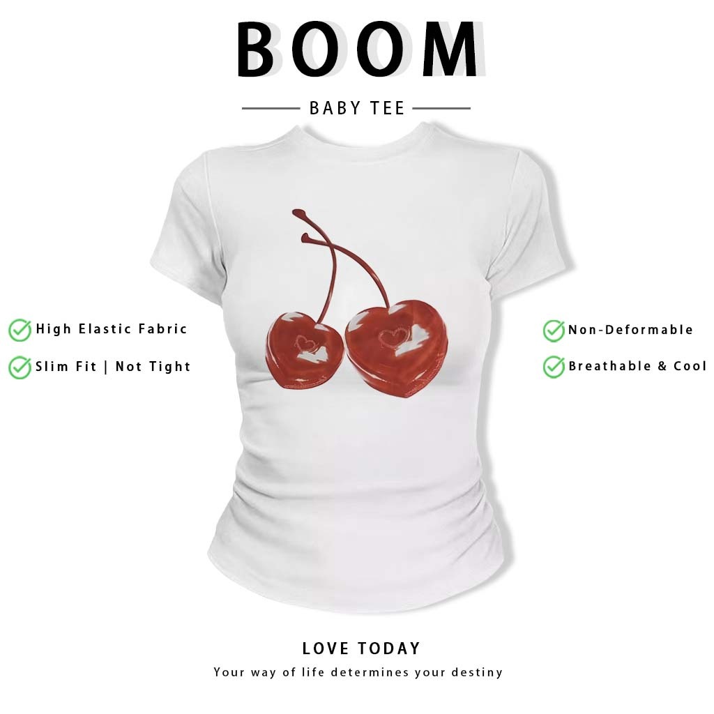 BOOM Áo Baby Tee Nữ Cotton Ôm Body-Áo Thun Ngắn Tay Y2K In Hình PhongCách Mùa Hè, Cổ Tròn Hàng Đầucách hàn quốc phong#99