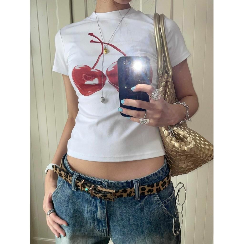BOOM Áo Baby Tee Nữ Cotton Ôm Body-Áo Thun Ngắn Tay Y2K In Hình PhongCách Mùa Hè, Cổ Tròn Hàng Đầucách hàn quốc phong#99