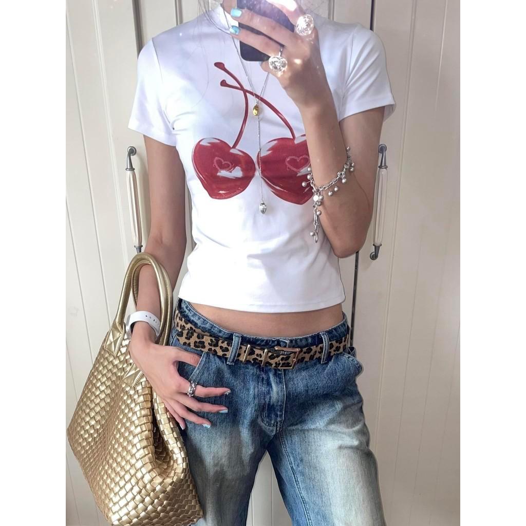 BOOM Áo Baby Tee Nữ Cotton Ôm Body-Áo Thun Ngắn Tay Y2K In Hình PhongCách Mùa Hè, Cổ Tròn Hàng Đầucách hàn quốc phong#99