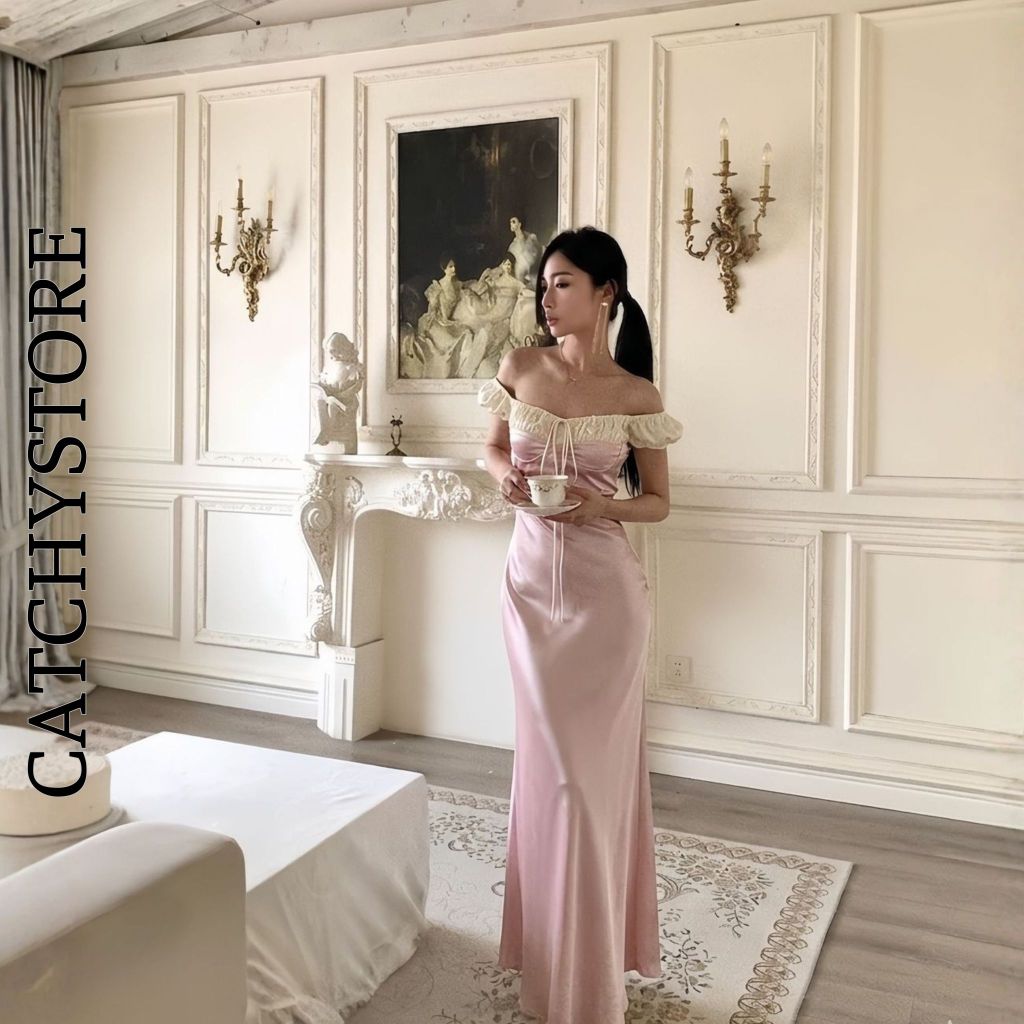 Đầm Lụa Dáng Dài Tay Bồng Trễ Vai Rút Dây Ôm Eo Tiểu Thư Ngọt Ngào Đi Tiệc CATCHYstore
