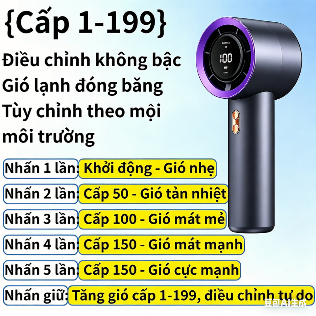 Quạt cầm tay tuabin tốc độ cao 2026|199 cấp Gió Mạnh|4000mAh|Sạc Type-C|Siêu làm mát，Nhỏ gọn, di động