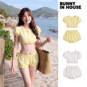 Set Bikini 2 Món Đi Biển Nữ Croptop Tay Bồng cùng Short Dáng Bí Hàn Quốc Sexy Tôn Dáng Bunny In House B03 BIKINI