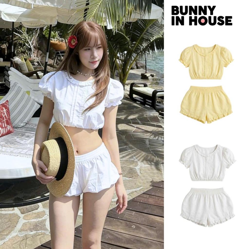Set Bikini 2 Món Đi Biển Nữ Croptop Tay Bồng cùng Short Dáng Bí Hàn Quốc Sexy Tôn Dáng Bunny In House B03 BIKINI