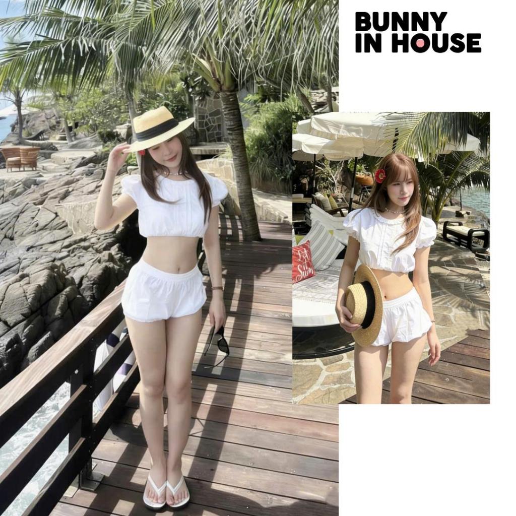 Set Bikini 2 Món Đi Biển Nữ Croptop Tay Bồng cùng Short Dáng Bí Hàn Quốc Sexy Tôn Dáng Bunny In House B03 BIKINI