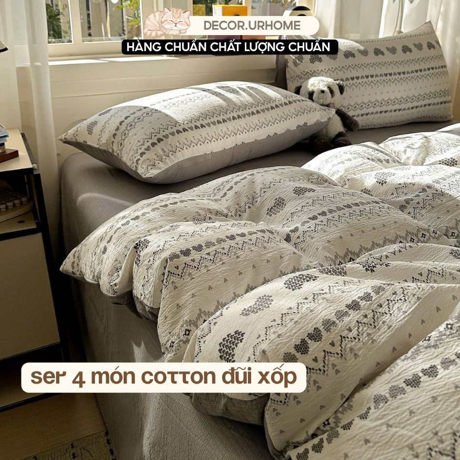 Bộ Chăn Ga Gối 4 Món Cotton Đũi Hàn Quốc Mềm Mát Họa Tiết Pastel Decor.urhome