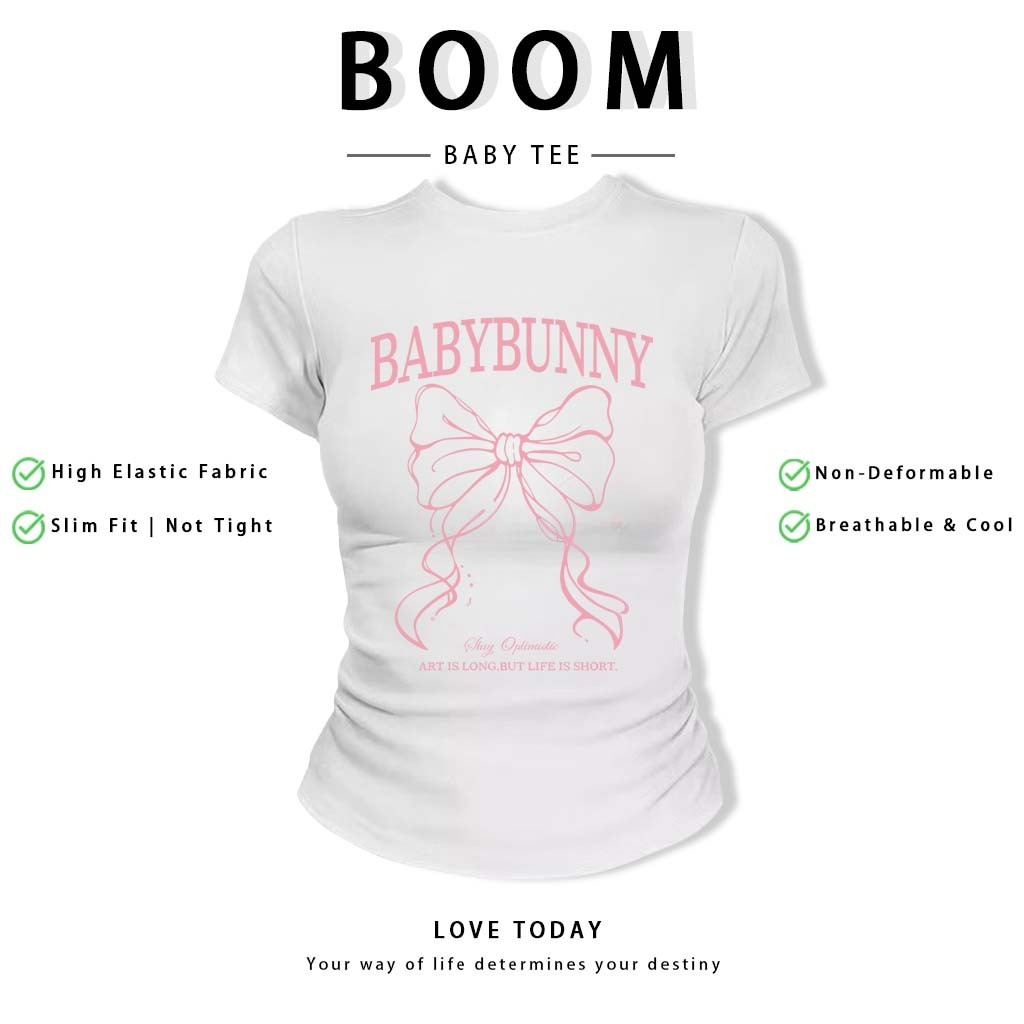 BOOM Áo Baby Tee Nữ Cotton Ôm Body-Áo Thun Ngắn Tay Y2K In Hình PhongCách Mùa Hè, Cổ Tròn Hàng Đầucách hàn quốc phongQ06
