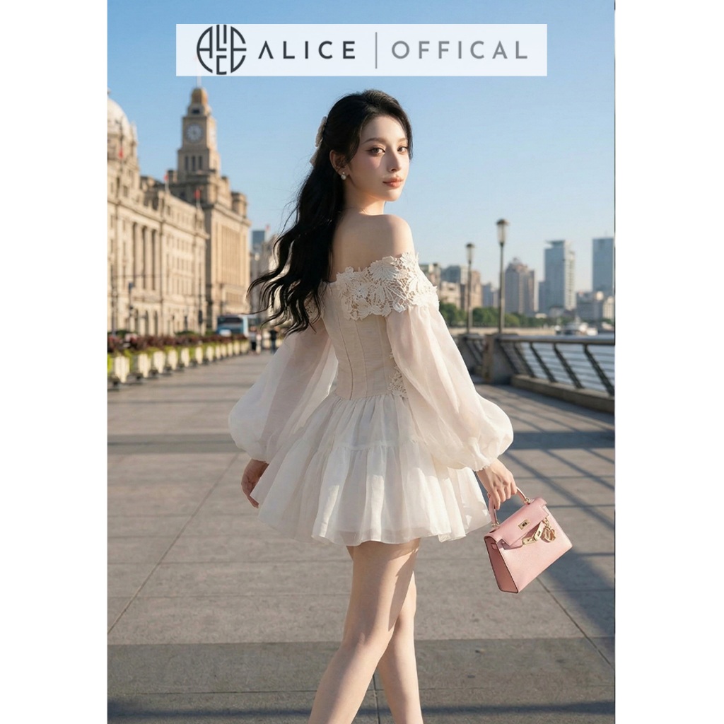 Váy Nữ Cao Cấp Alice Chất Ren 3D Dáng Trễ Vai Phối Tơ Đính Hoa Nổi Thủ Công, Đầm Ngắn Trễ Vai Khóa Dọc V1443