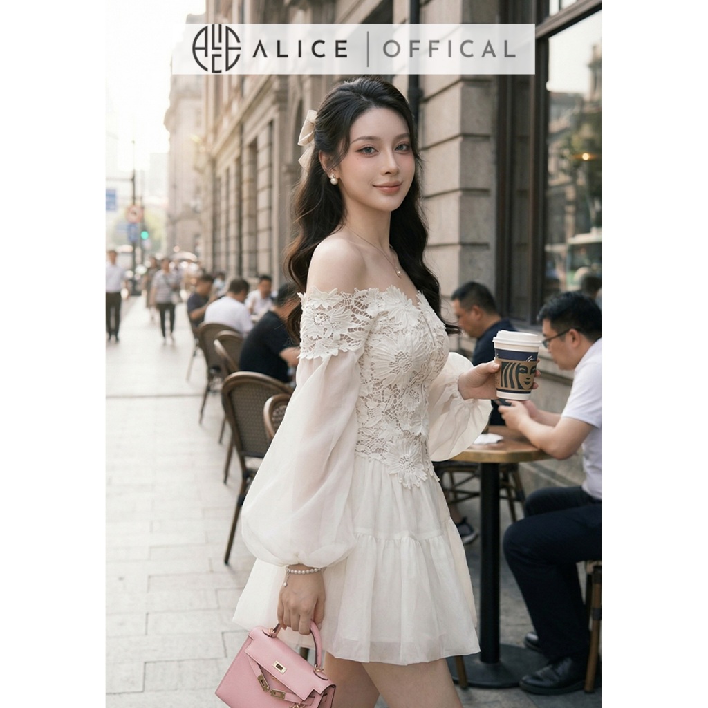Váy Nữ Cao Cấp Alice Chất Ren 3D Dáng Trễ Vai Phối Tơ Đính Hoa Nổi Thủ Công, Đầm Ngắn Trễ Vai Khóa Dọc V1443