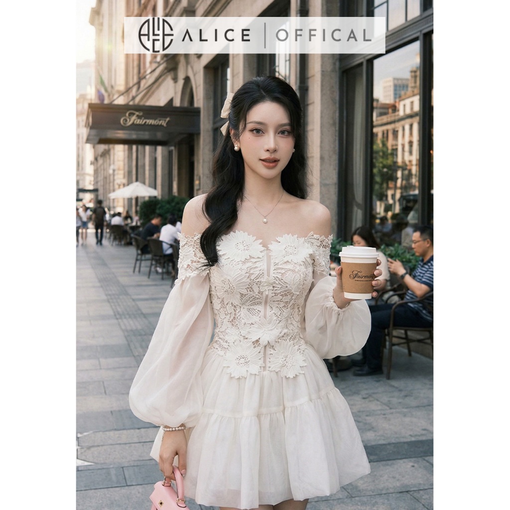 Váy Nữ Cao Cấp Alice Chất Ren 3D Dáng Trễ Vai Phối Tơ Đính Hoa Nổi Thủ Công, Đầm Ngắn Trễ Vai Khóa Dọc V1443
