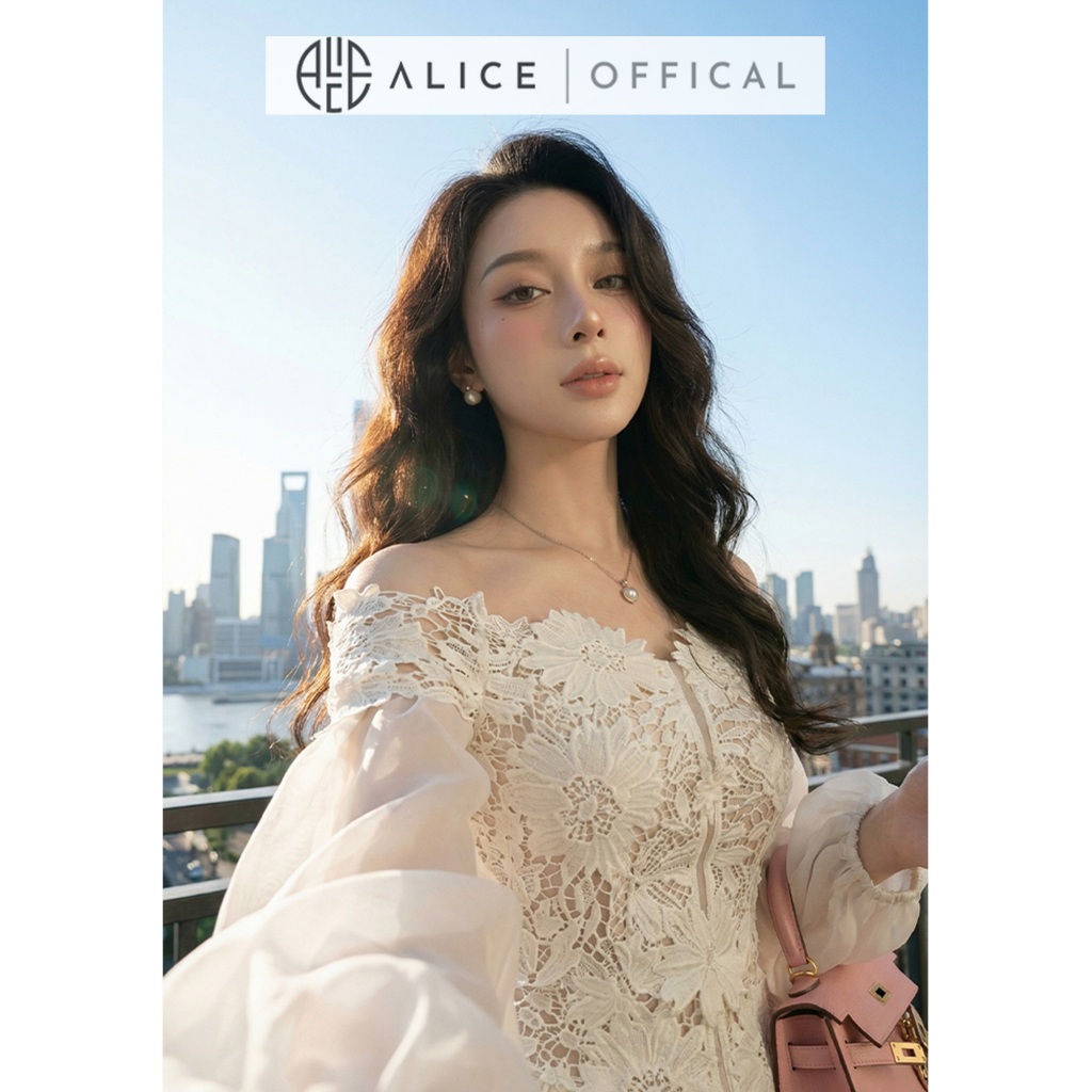 Váy Nữ Cao Cấp Alice Chất Ren 3D Dáng Trễ Vai Phối Tơ Đính Hoa Nổi Thủ Công, Đầm Ngắn Trễ Vai Khóa Dọc V1443