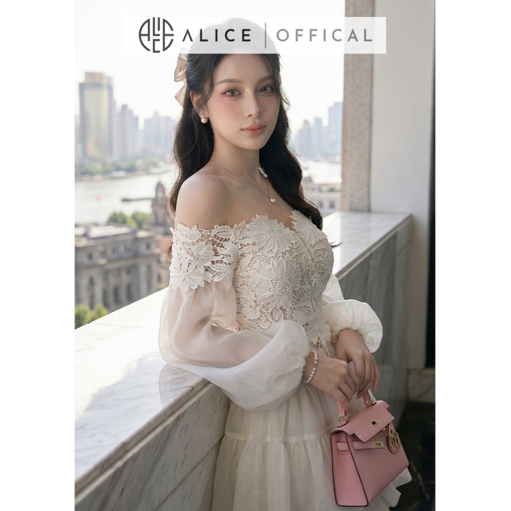 Váy Nữ Cao Cấp Alice Chất Ren 3D Dáng Trễ Vai Phối Tơ Đính Hoa Nổi Thủ Công, Đầm Ngắn Trễ Vai Khóa Dọc V1443