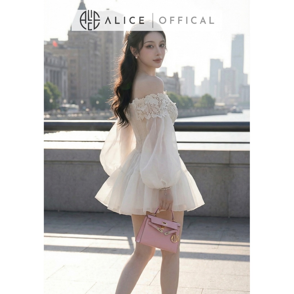 Váy Nữ Cao Cấp Alice Chất Ren 3D Dáng Trễ Vai Phối Tơ Đính Hoa Nổi Thủ Công, Đầm Ngắn Trễ Vai Khóa Dọc V1443