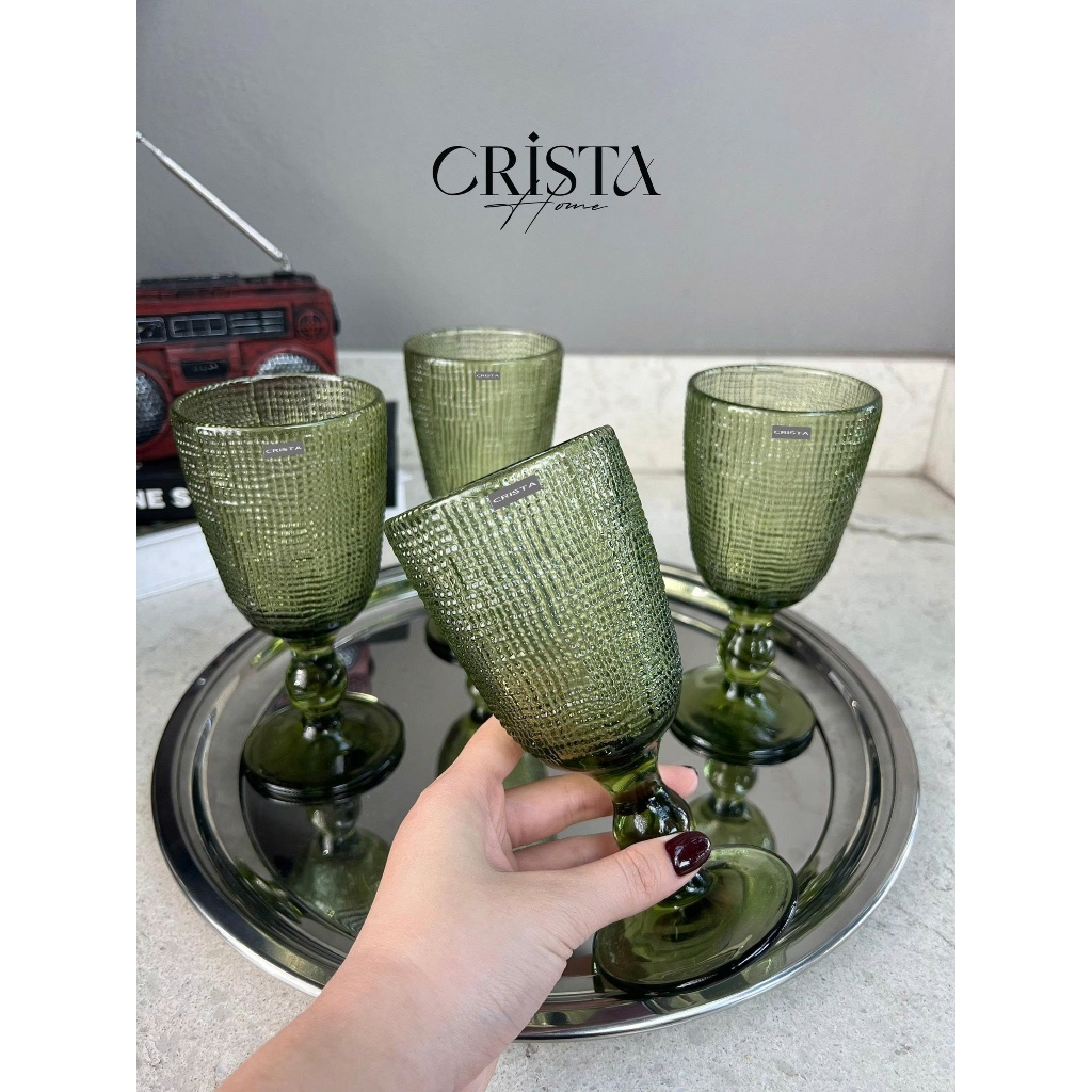 BỘ SƯU TẬP VÂN LƯỚI LY, CỐC, BÌNH VÂN LƯỚI THUỶ TINH XANH OLIVE CRISTA HOME CAO CẤP