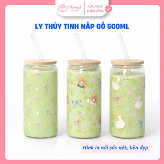 Ly thủy tinh nắp gỗ 500ml, cốc thủy tinh 12 con giáp, sang trọng, cốc uống nước, cà phê