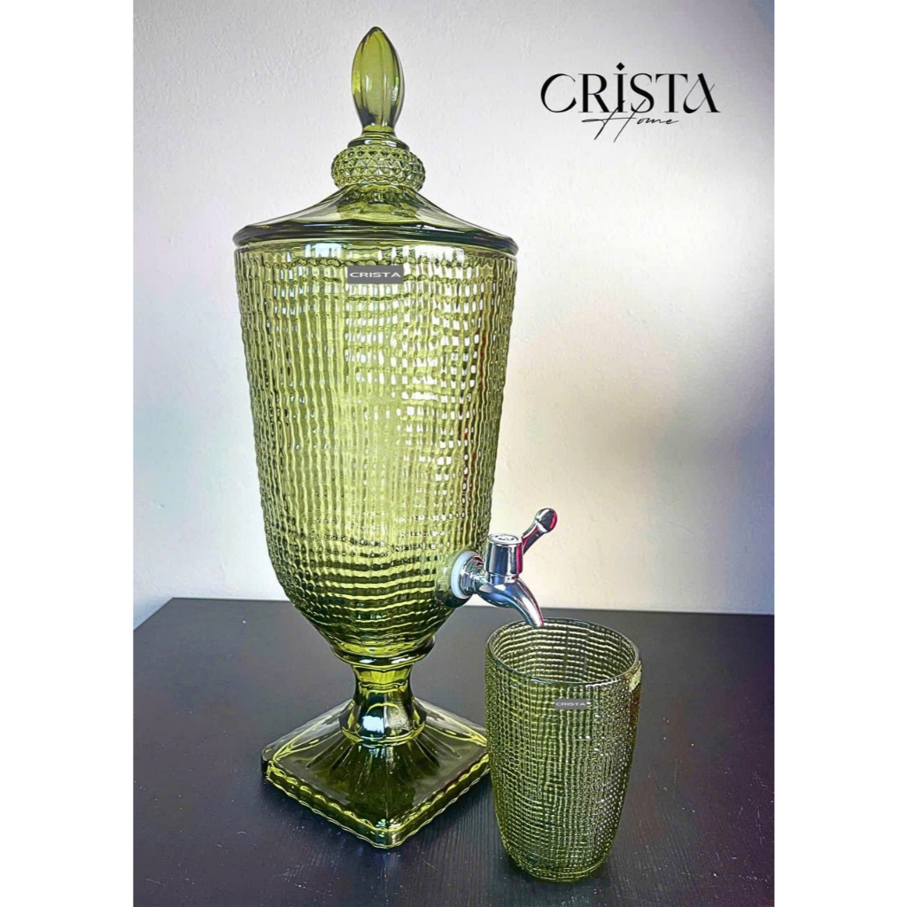 BỘ SƯU TẬP VÂN LƯỚI LY, CỐC, BÌNH VÂN LƯỚI THUỶ TINH XANH OLIVE CRISTA HOME CAO CẤP