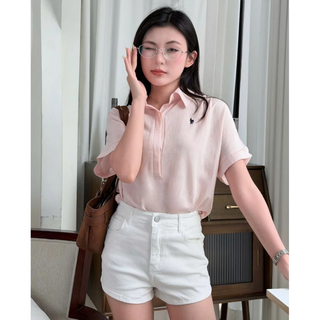 Áo Sơ Mi Nữ Ngắn Tay Dáng Rộng Chất Thô Đũi Hàn Thêu Nhẹ Mát Thời Trang Nữ Năng Động Hot HN DESIGN