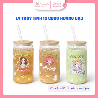 Ly Thủy Tinh 500ml Nắp Gỗ 12 Cung Hoàng Đạo 🎁 Cốc Uống Nước Cute – Quà Tặng Sinh Nhật, Bạn Gái