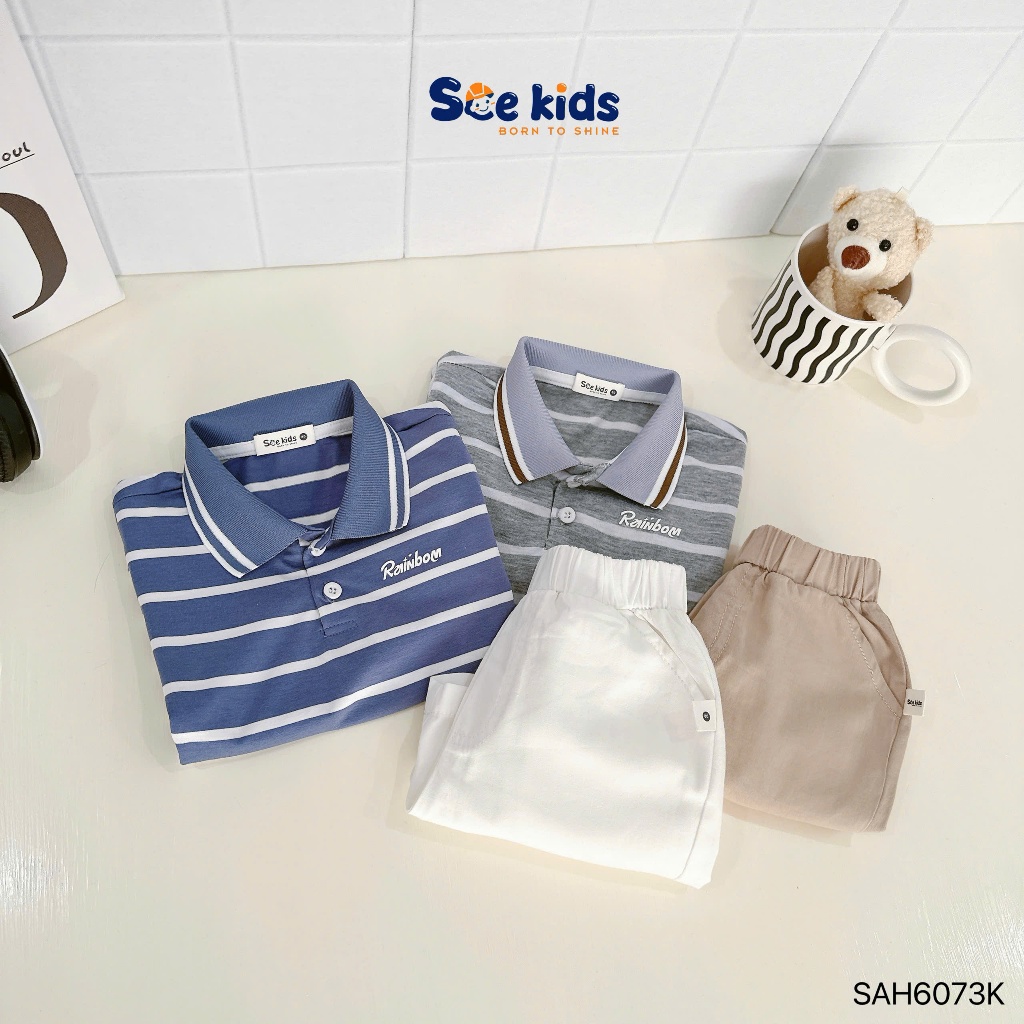 Bộ polo hoạ tiết kẻ ngang áo thun quần kaki bé trai, set polo cộc tay hoạ tiết kẻ cho bé