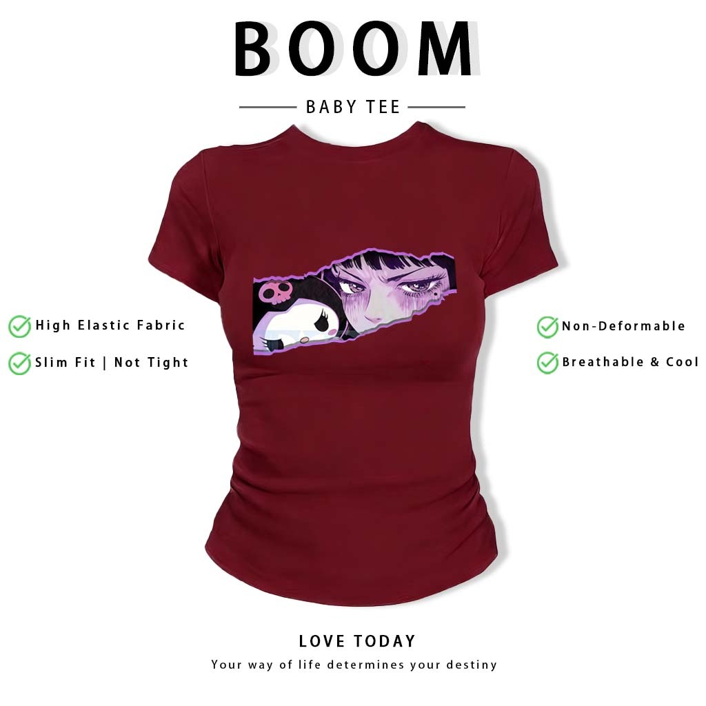 BOOM Áo Baby Tee Nữ Cotton Ôm Body-Áo Thun Ngắn Tay Y2K In Hình PhongCách Mùa Hè, Cổ Tròn Hàng Đầucách hàn quốc phongQ09