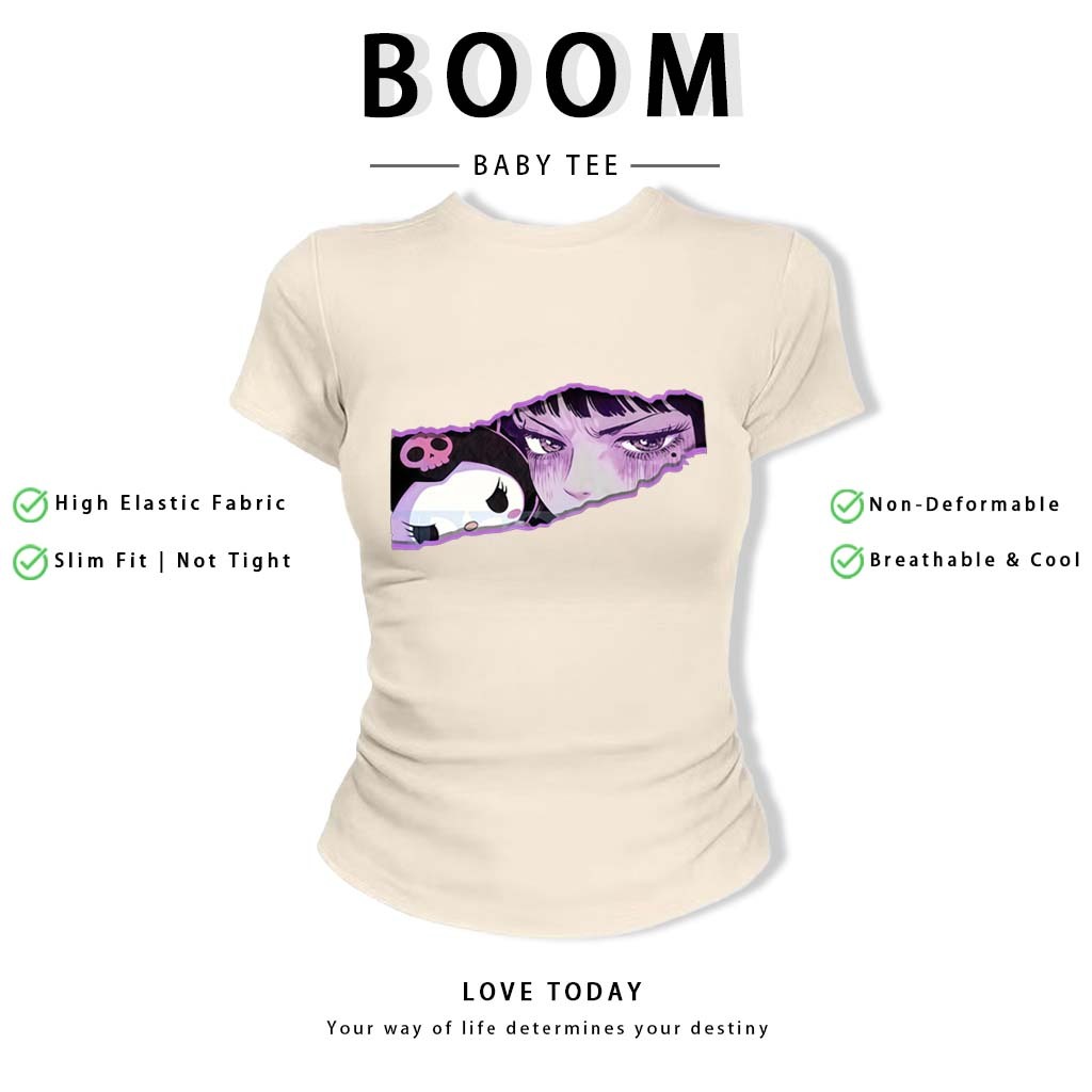 BOOM Áo Baby Tee Nữ Cotton Ôm Body-Áo Thun Ngắn Tay Y2K In Hình PhongCách Mùa Hè, Cổ Tròn Hàng Đầucách hàn quốc phongQ09